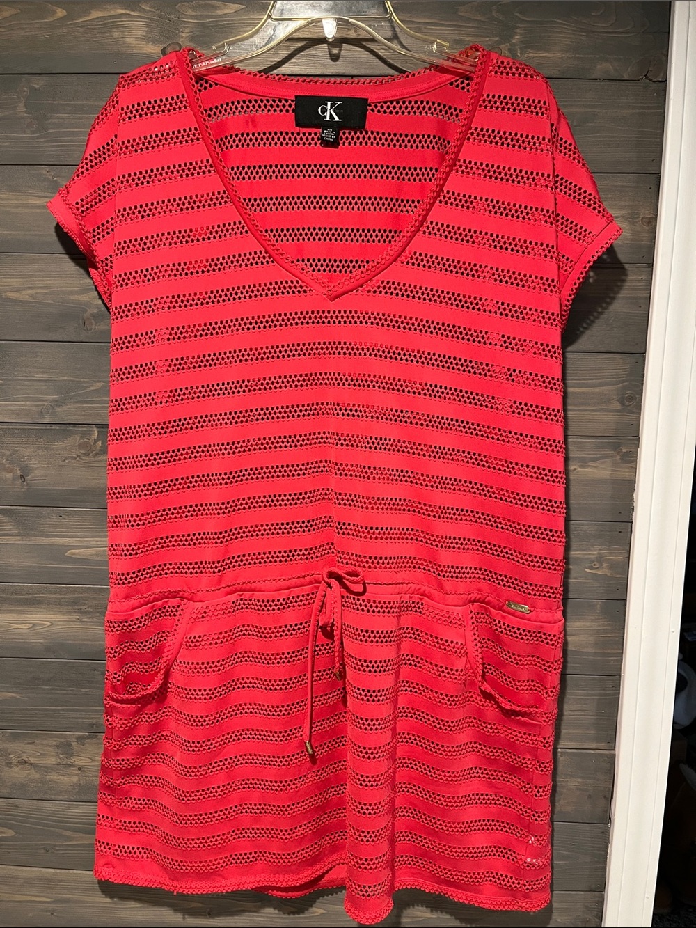Calvin Klein Coral-pink V-Neck swimsuit coverup with Drawstring L